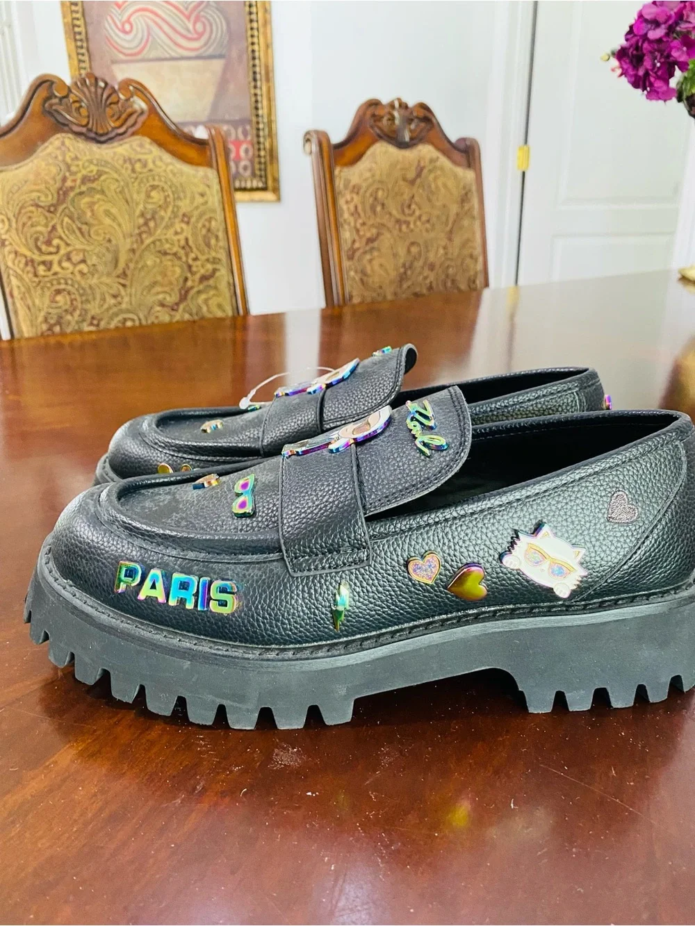 Karl Lagerfeld Black Loafers with Iridescent Multicolor Charms